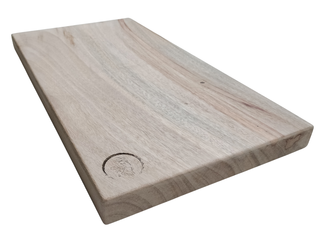 Wooden cutting board with a visible brand logo on a white background