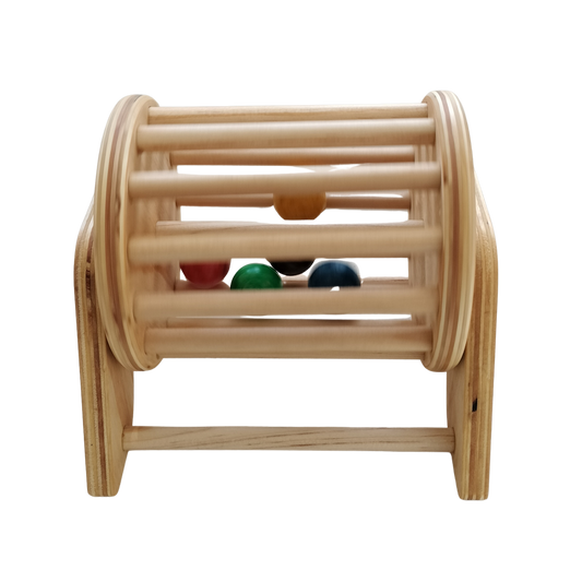 Front view of NZ handcrafted wooden ball tumbler with five coloured balls inside the dowel drum