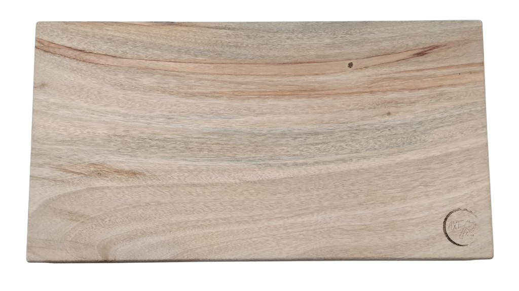 Wooden cutting board with a visible brand logo on a white background