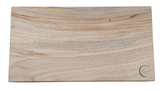 Wooden cutting board with a visible brand logo on a white background