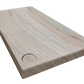 Wooden cutting board with a visible brand logo on a white background