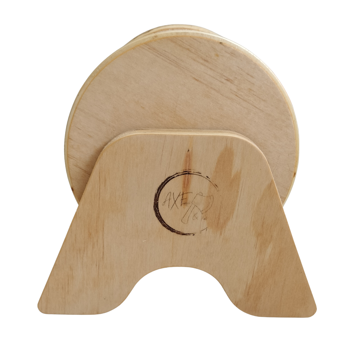 Side view of Axe & Co ball tumbler A-frame stand with laser-engraved Axe & Co logo