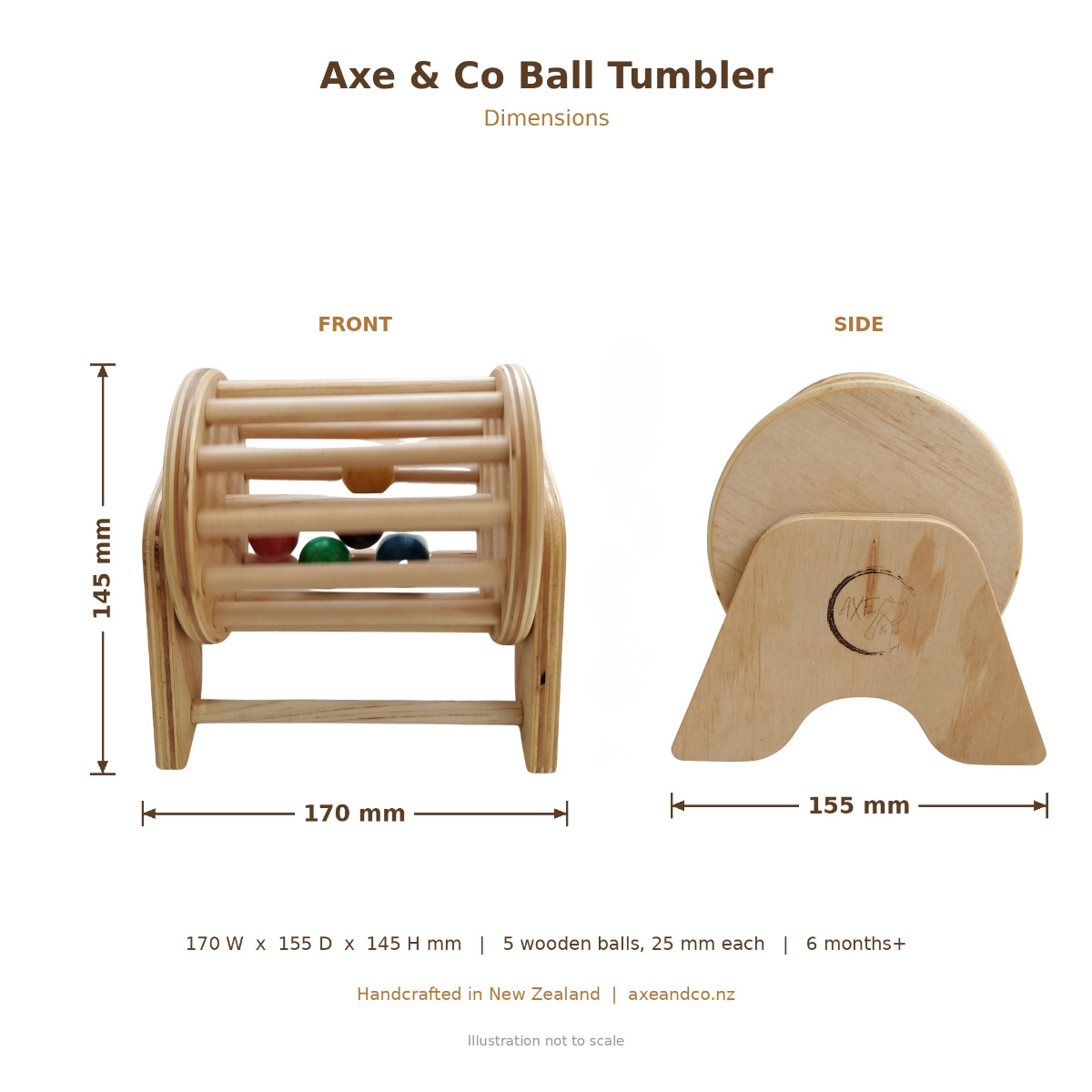 Axe & Co wooden ball tumbler dimensions diagram, 170mm wide, 155mm deep, 145mm high, suitable from 6 months