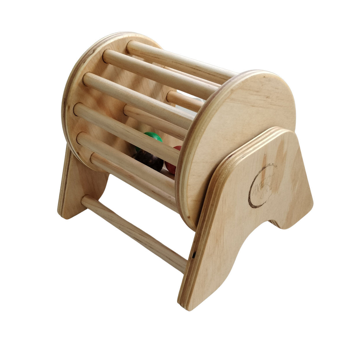 Axe & Co wooden Montessori ball tumbler spinning drum with coloured balls on an A-frame stand, angled view