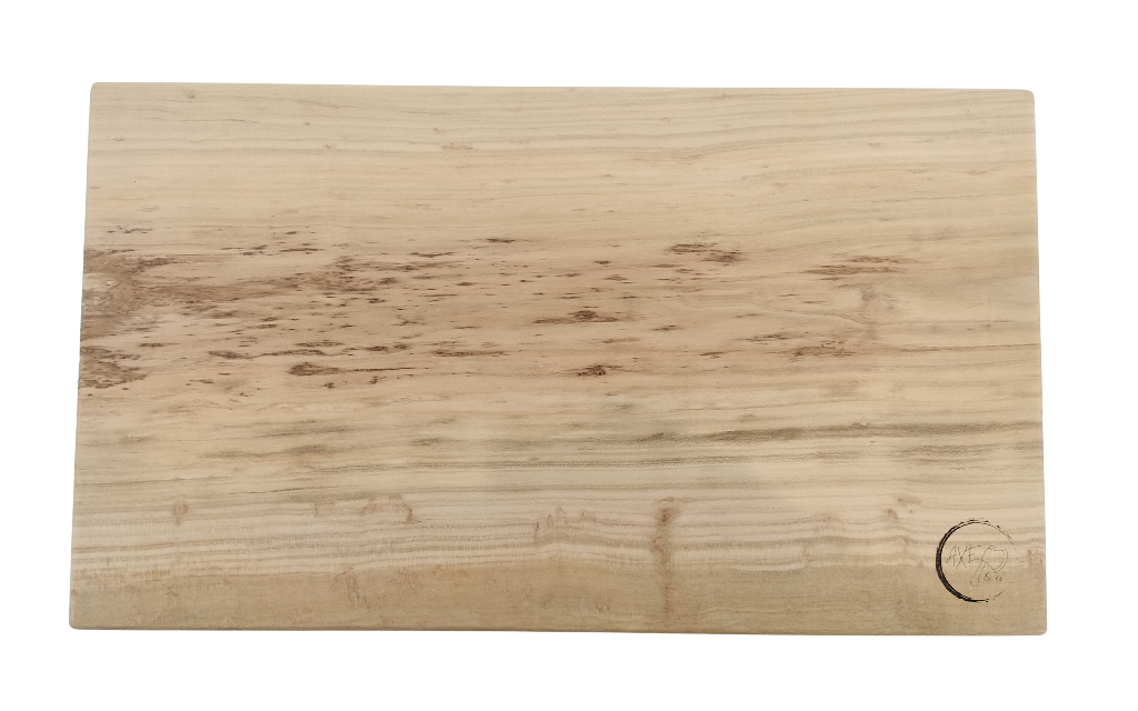 Wooden cutting board with a brand logo on a white background