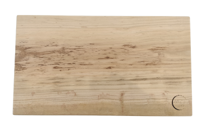 Wooden cutting board with a brand logo on a white background