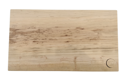 Wooden cutting board with a brand logo on a white background