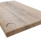 Wooden cutting board with a visible brand logo on a white background