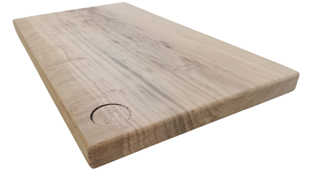 Wooden cutting board with a visible brand logo on a white background