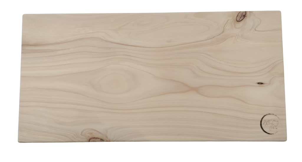 Rectangular wooden cutting board with a natural finish on a white background