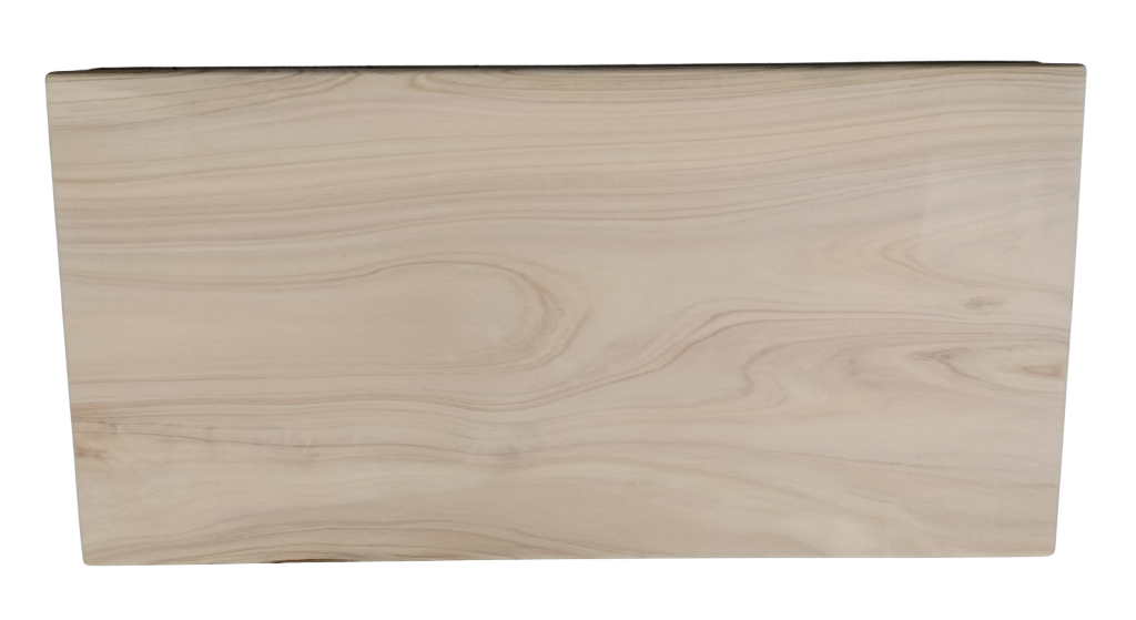 Wooden chopping board with a natural grain pattern on a white background