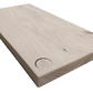 Wooden cutting board with a visible brand logo on a white background