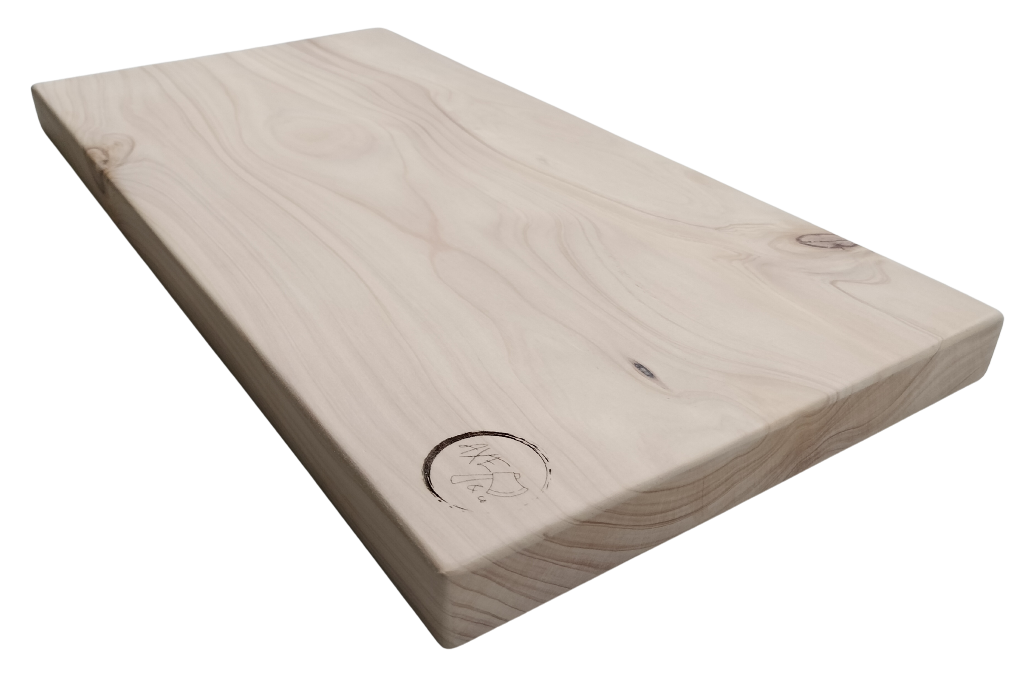 Wooden cutting board with a visible brand logo on a white background